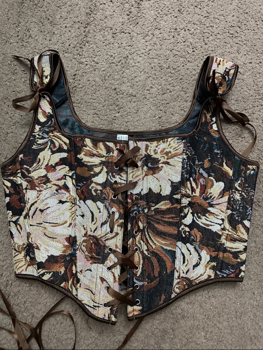 Floral Lace-Up Corset Top in Brown